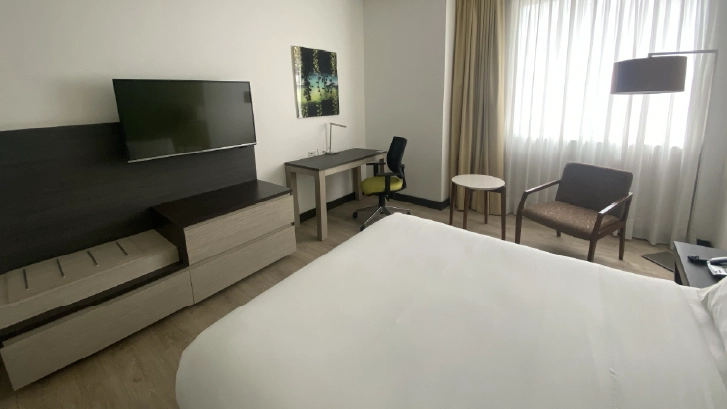 Cuentan con: TV satelital, Cajilla de seguridad, WiFi, Baño privado, Cama, Aire acondicionado, Escritorio, Minibar
Habitación Doble